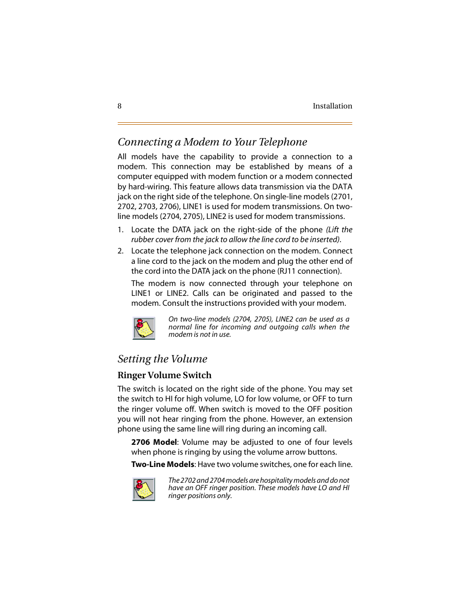 Connecting a modem to your telephone, Setting the volume | Cabletron Systems STARPLUS 2700 Series User Manual | Page 12 / 36