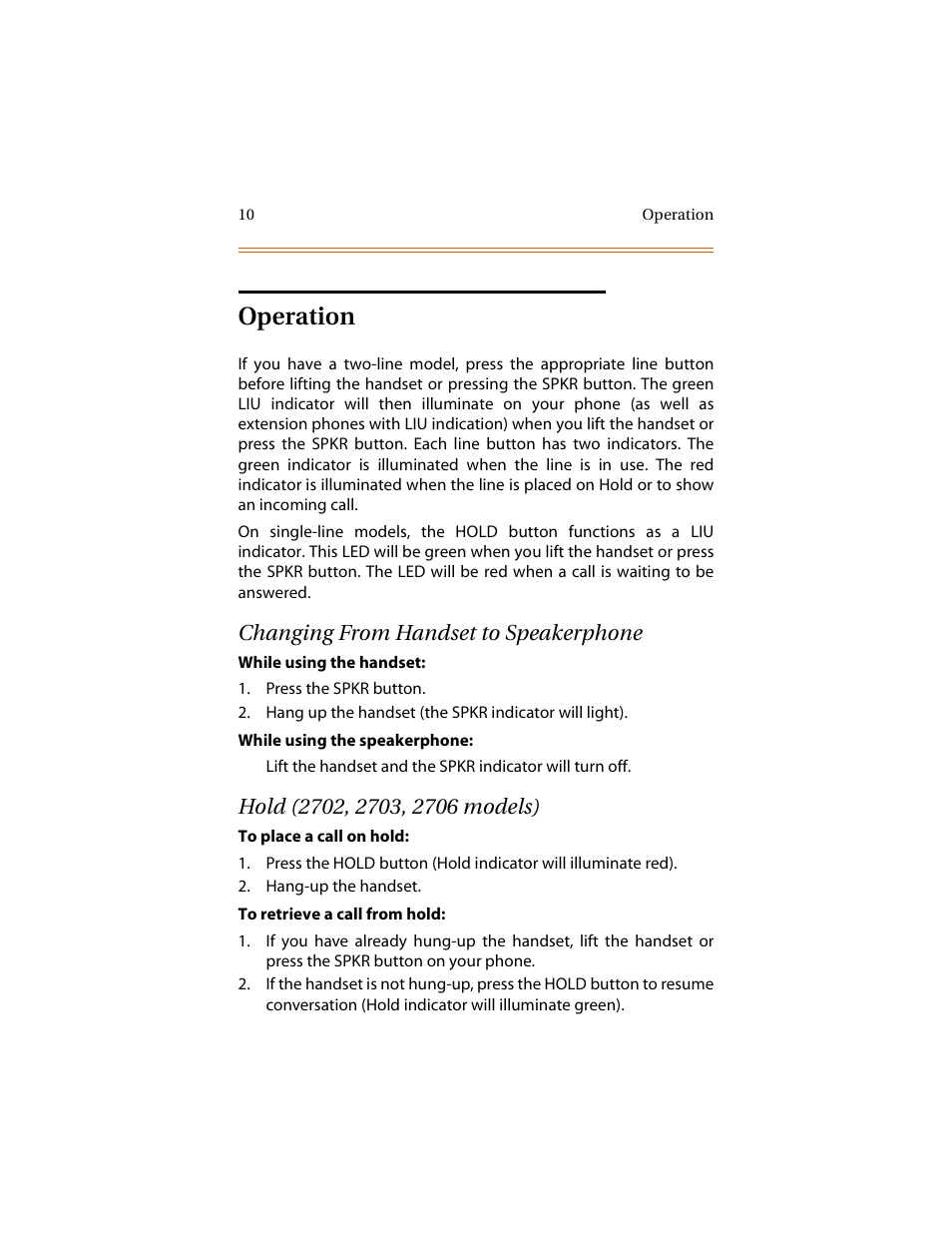 Operation, Changing from handset to speakerphone | Cabletron Systems STARPLUS 2700 Series User Manual | Page 14 / 36