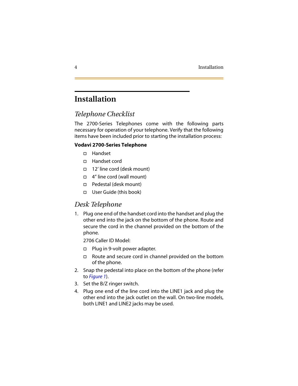 Installation, Telephone checklist, Desk telephone | Cabletron Systems STARPLUS 2700 Series User Manual | Page 8 / 36