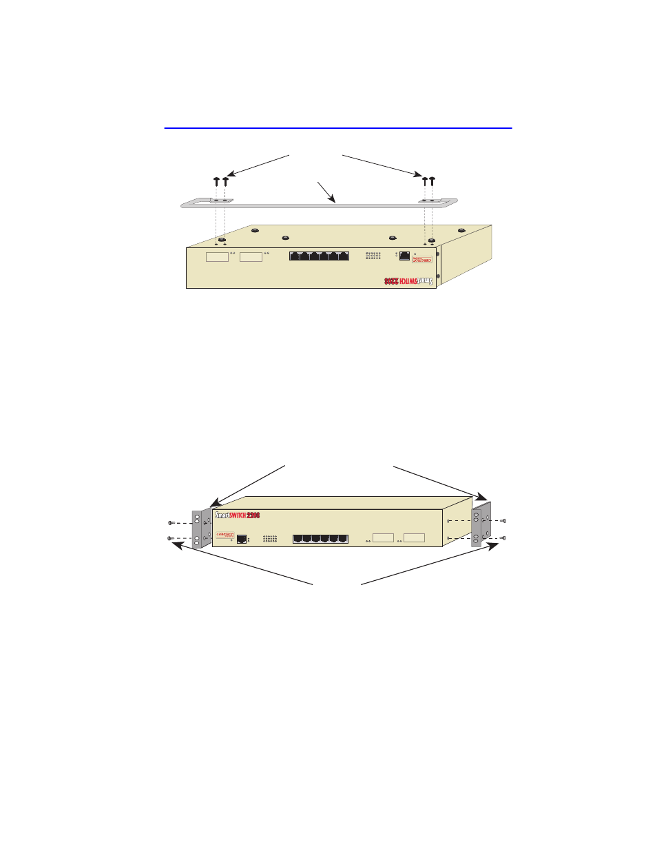 The four 8-32 x 3/8-inch pan-head screws, Figure 3-2, Figure 3-2 attaching the strain-relief bracket | Figure 3-3 installing the rackmount brackets, Reset, Strain-relief bracket screws (4), Screws (4) rackmount brackets (2) | Cabletron Systems 2208 User Manual | Page 31 / 158