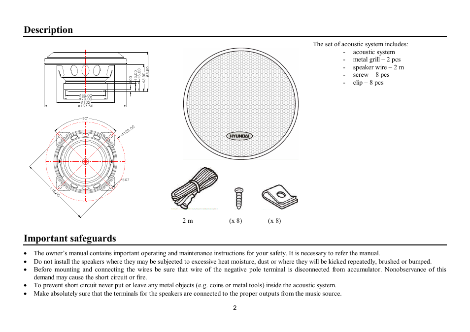 Description, Important safeguards | Hyundai H-CSH402 User Manual | Page 2 / 11