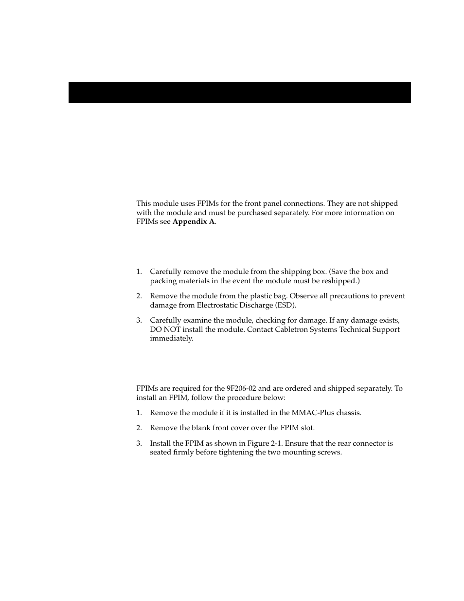 Installing the microlan module, Unpacking the module, Installing an fpim | Chapter 2 | Cabletron Systems FDDI Repeater User Manual | Page 11 / 29