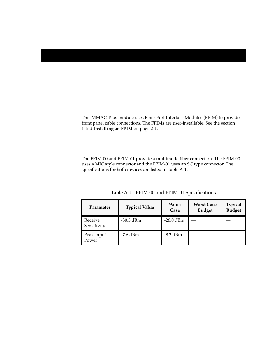 Fpim specifications, Fpim-00 and fpim-01, Appendix a | Cabletron Systems FDDI Repeater User Manual | Page 27 / 29