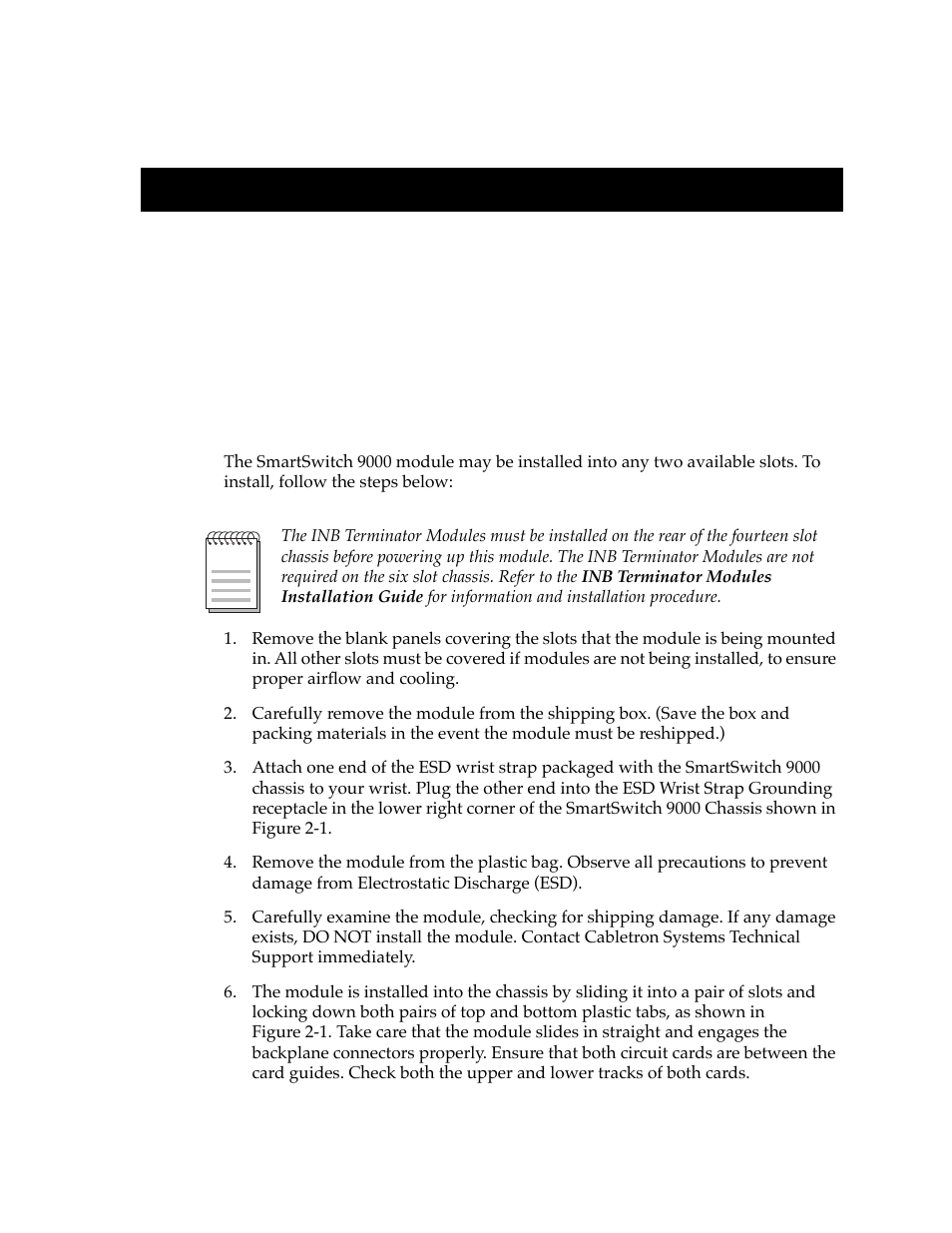 Installation, Installing the smartswitch 9000 module, Chapter 2 | Installing the smartswitch 9000 module -1 | Cabletron Systems 9T428-16 User Manual | Page 15 / 40
