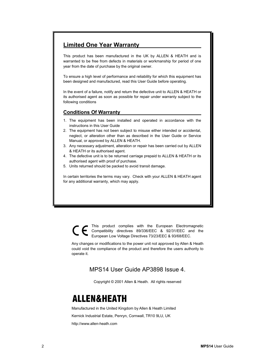 Limited one year warranty | Allen & Heath MPS14 User Manual | Page 2 / 10