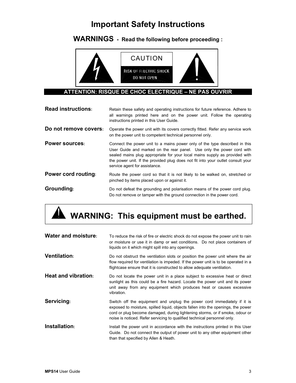 Important safety instructions, Warning: this equipment must be earthed, Warnings | Caution | Allen & Heath MPS14 User Manual | Page 3 / 10