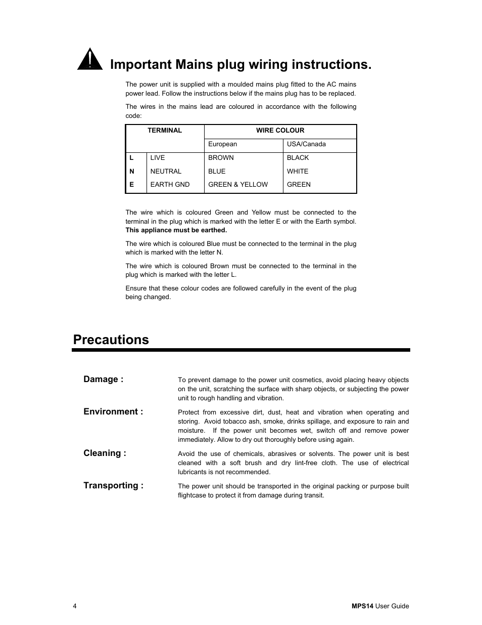 Important mains plug wiring instructions, Precautions | Allen & Heath MPS14 User Manual | Page 4 / 10