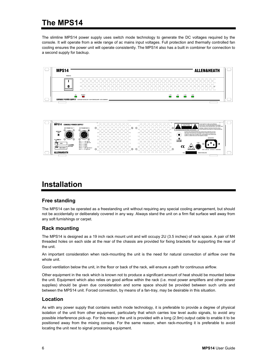 The mps14, Installation, Free standing | Rack mounting, Location, 6 mps14 user guide | Allen & Heath MPS14 User Manual | Page 6 / 10