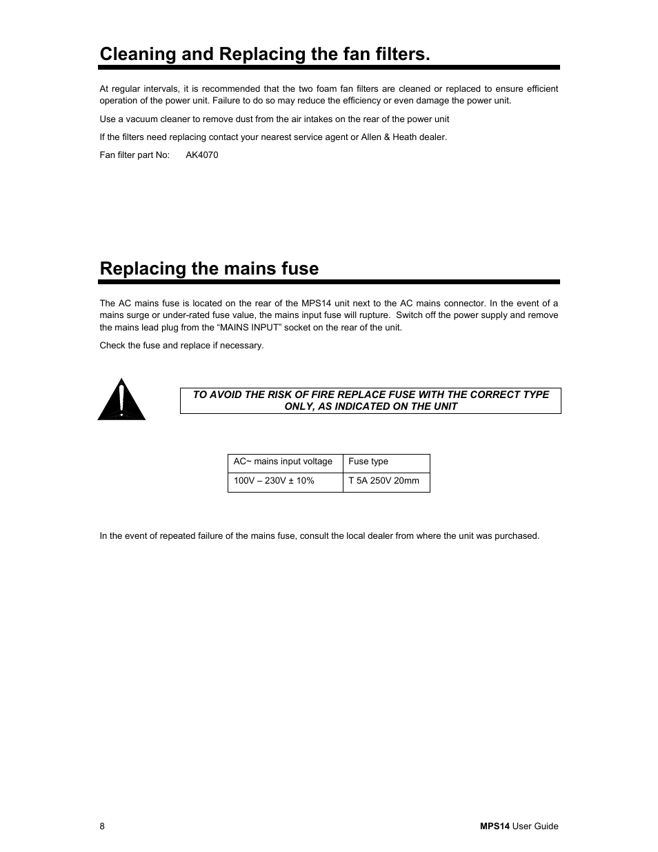Cleaning and replacing the fan filters, Replacing the mains fuse | Allen & Heath MPS14 User Manual | Page 8 / 10