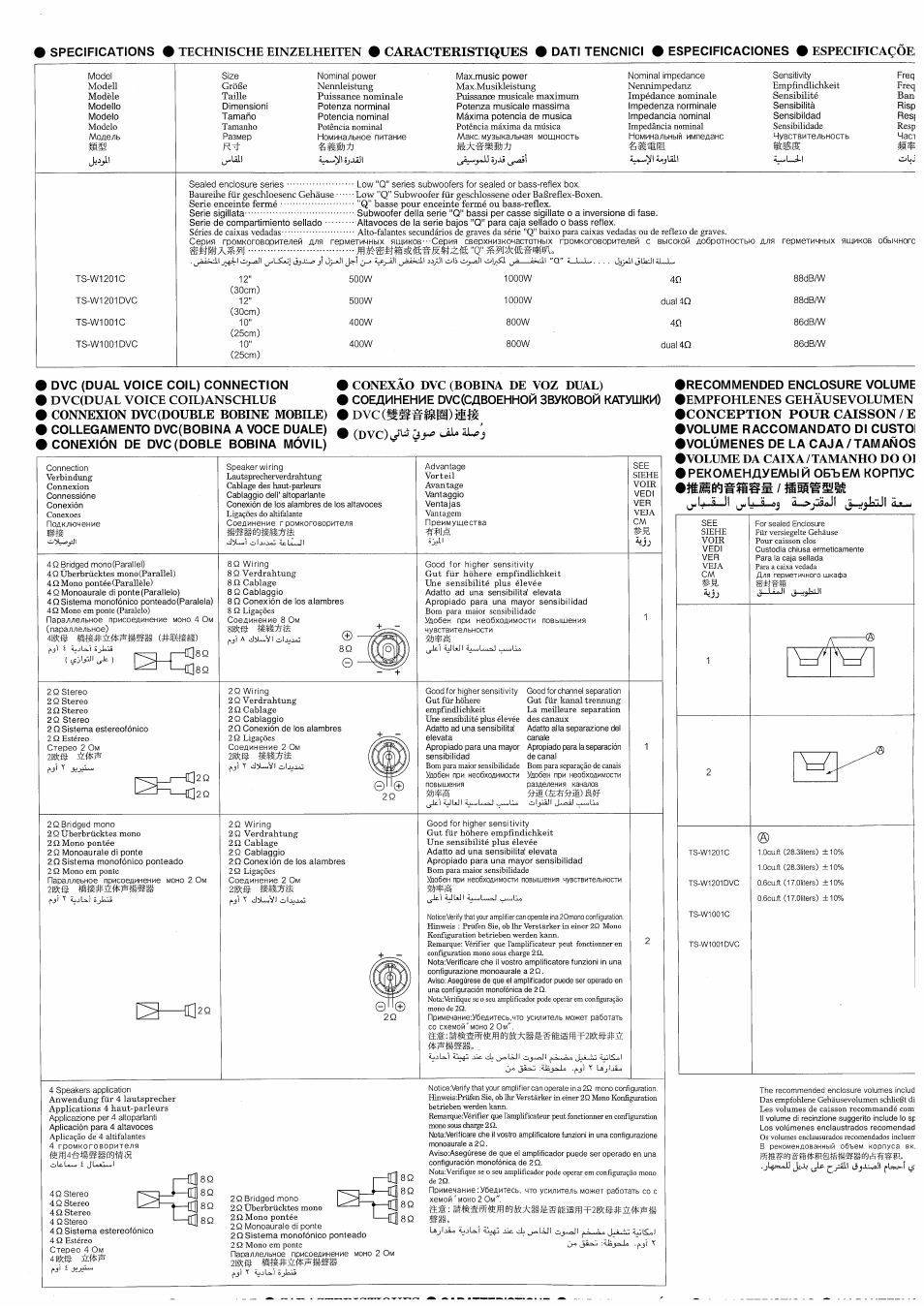 Dvc(dual voice coidanschlufi, Connexion dvc(double bobine mobile), Conexäo dvc (bobina de voz dual) | Кйя ca-os, W 1 w, Technische einzelheiten • caracteristiques, Especificaçôei, Gehäusevolumen •conception pour caisson/e, I specifications, Dati tencnici • especificaciones | Pioneer TS-W1001C User Manual | Page 12 / 18