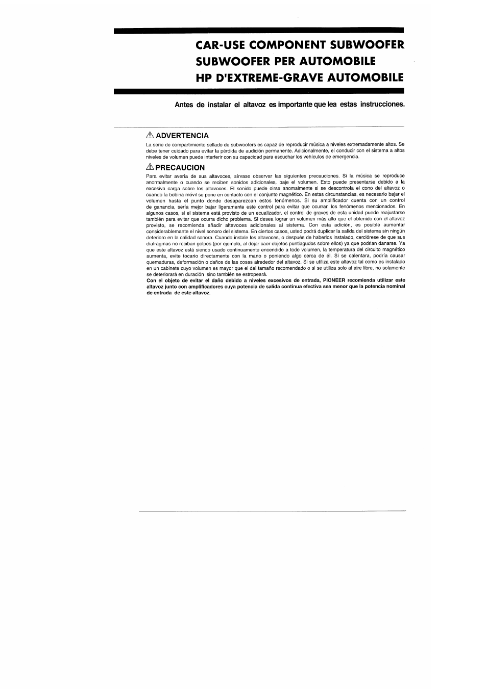 A advertencia, A precaucion | Pioneer TS-W1001C User Manual | Page 5 / 18
