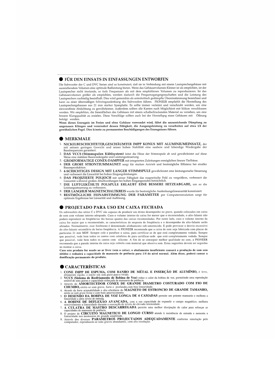 Fur den einsats in einfassungen entworfen, Merkmale, Projetado para uso em caixa eechada | Caracteristicas | Pioneer TS-W1001C User Manual | Page 7 / 18