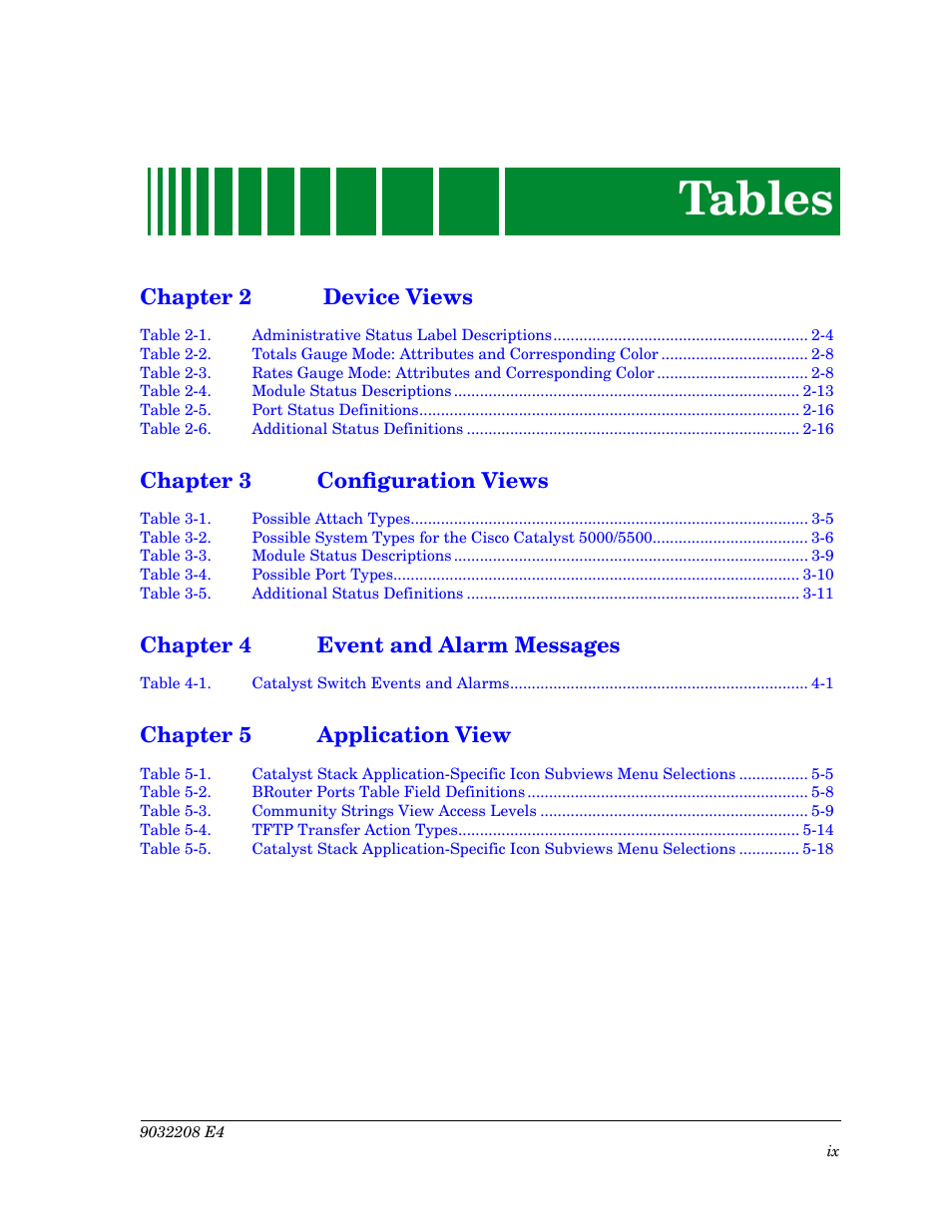 Tables, Chapter 2 device views, Chapter 3 conþguration views | Chapter 4 event and alarm messages, Chapter 5 application view | Cabletron Systems 5500 User Manual | Page 10 / 83