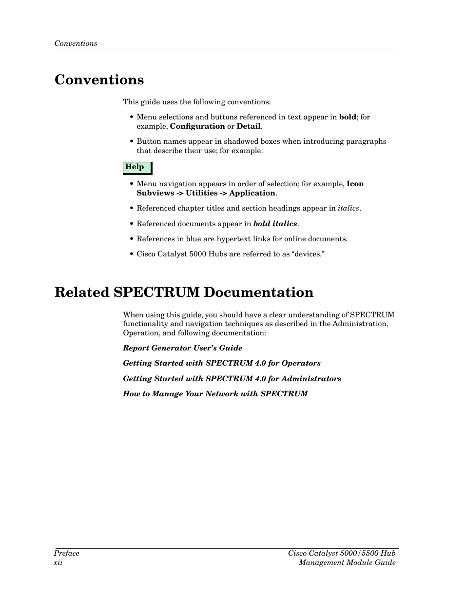 Conventions, Related spectrum documentation | Cabletron Systems 5500 User Manual | Page 13 / 83