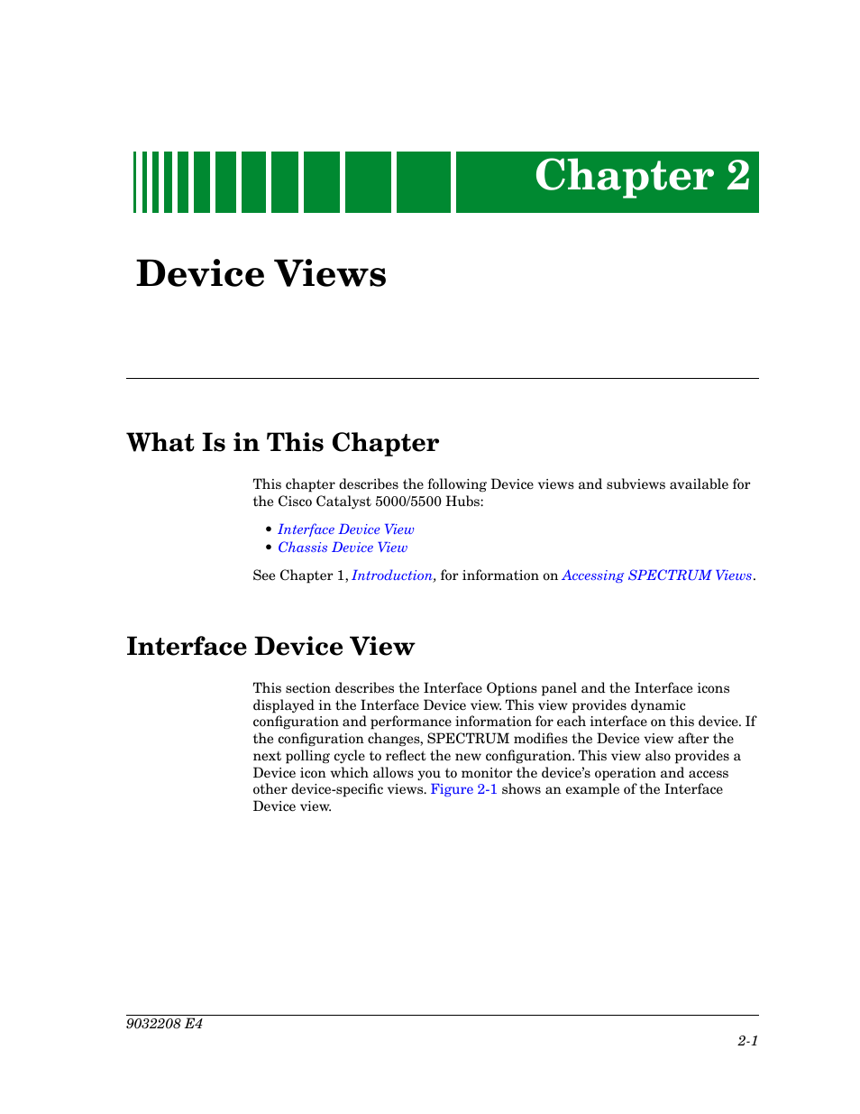 Device views, What is in this chapter, Interface device view | Chapter 2 | Cabletron Systems 5500 User Manual | Page 22 / 83