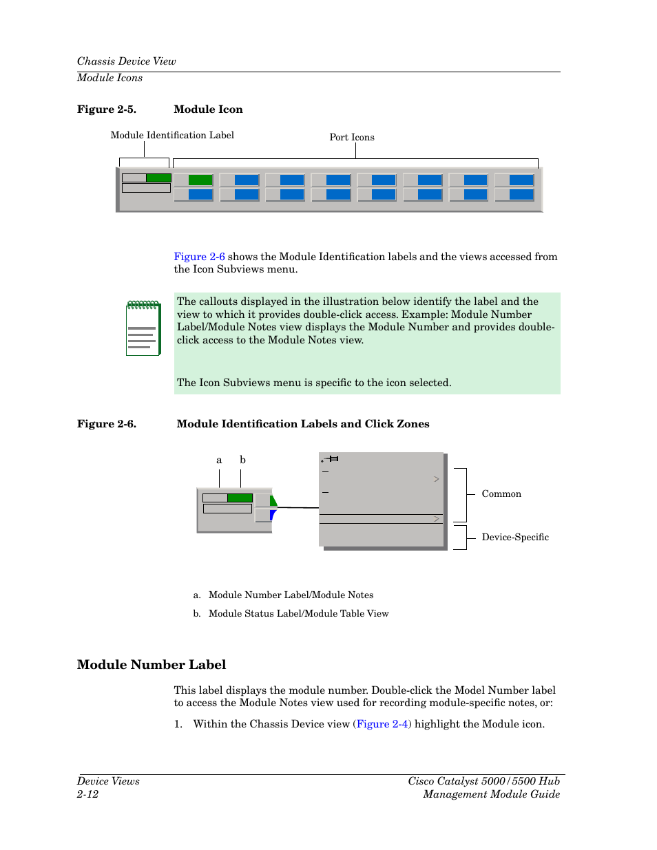 Module number label, Module number label -12, Figure 2-5 | Module icon -12, Figure 2-6, Module identiþcation labels and click zones -12 | Cabletron Systems 5500 User Manual | Page 33 / 83