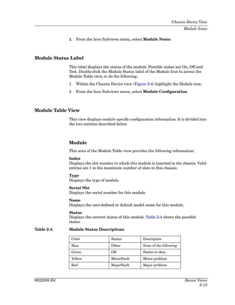 Module status label, Module table view, Module | Module status label -13 module table view -13, Module -13, Table 2-4, Module status descriptions -13 | Cabletron Systems 5500 User Manual | Page 34 / 83