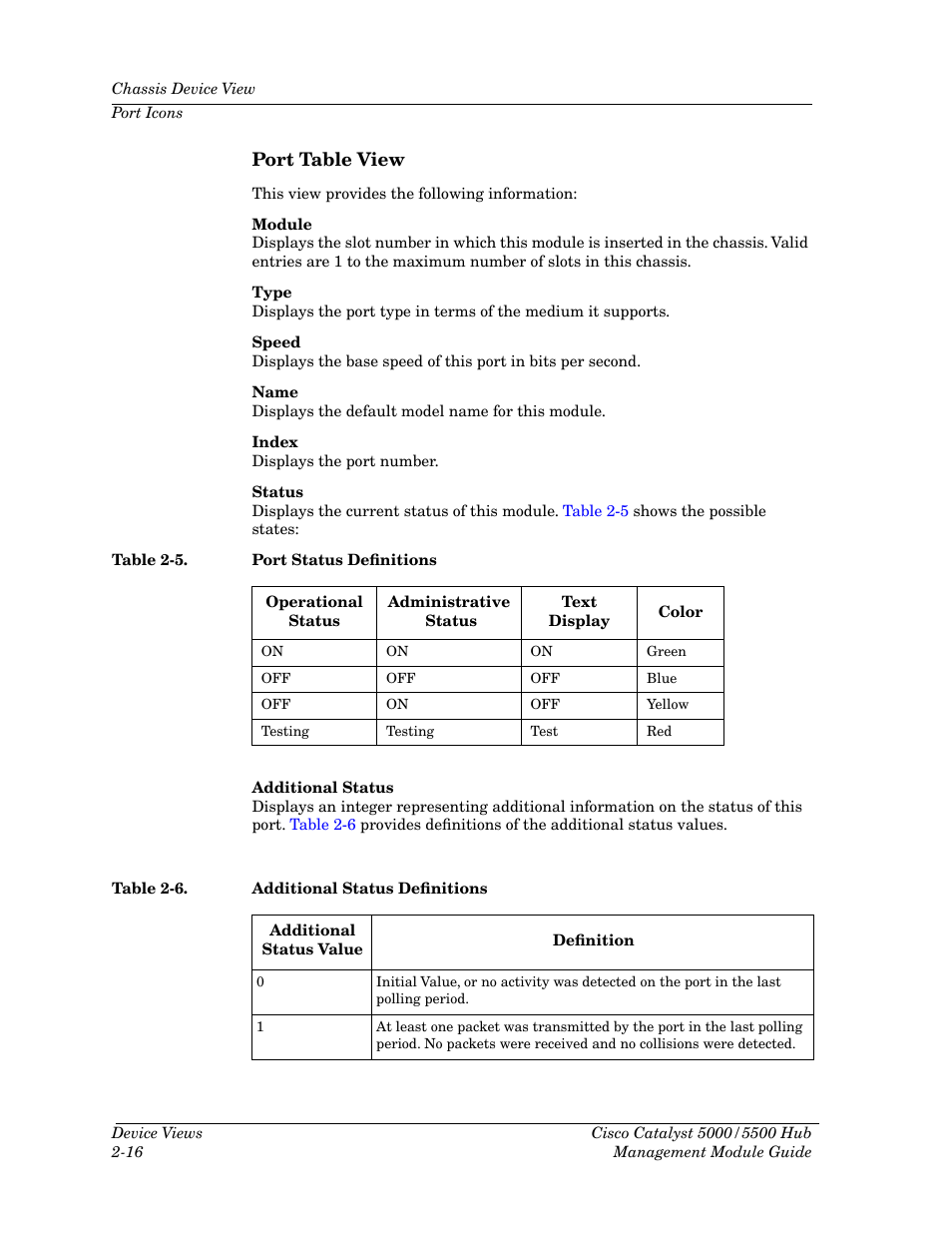 Port table view, Port table view -16, Discovery cache table view -19 | Table 2-5, Port status definitions -16, Table 2-6, Additional status definitions -16 | Cabletron Systems 5500 User Manual | Page 37 / 83