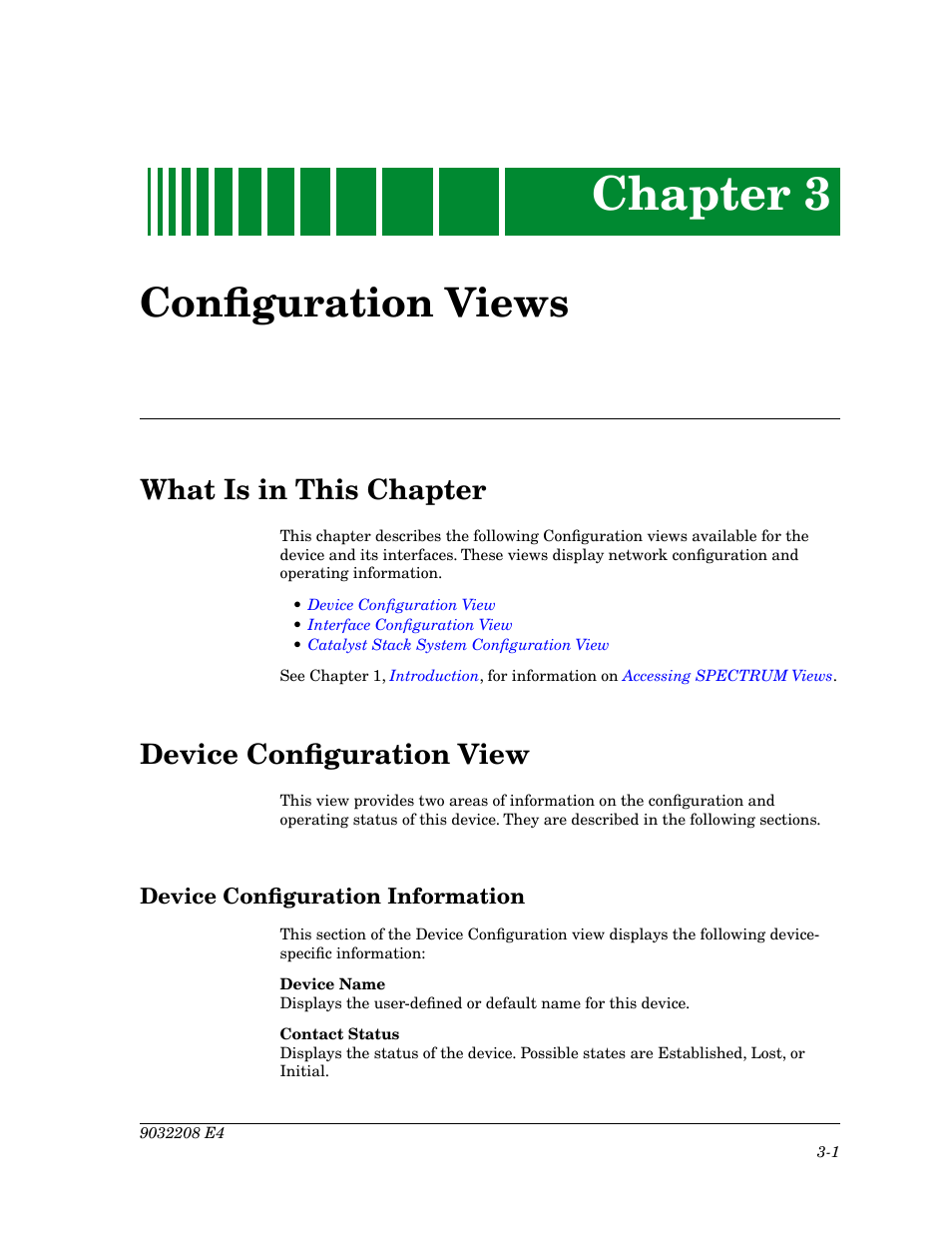 Configuration views, What is in this chapter, Device configuration view | Device configuration information, Chapter 3, Conþguration views, Device conþguration information -1, Conþguration, Views, Device conþguration view | Cabletron Systems 5500 User Manual | Page 40 / 83