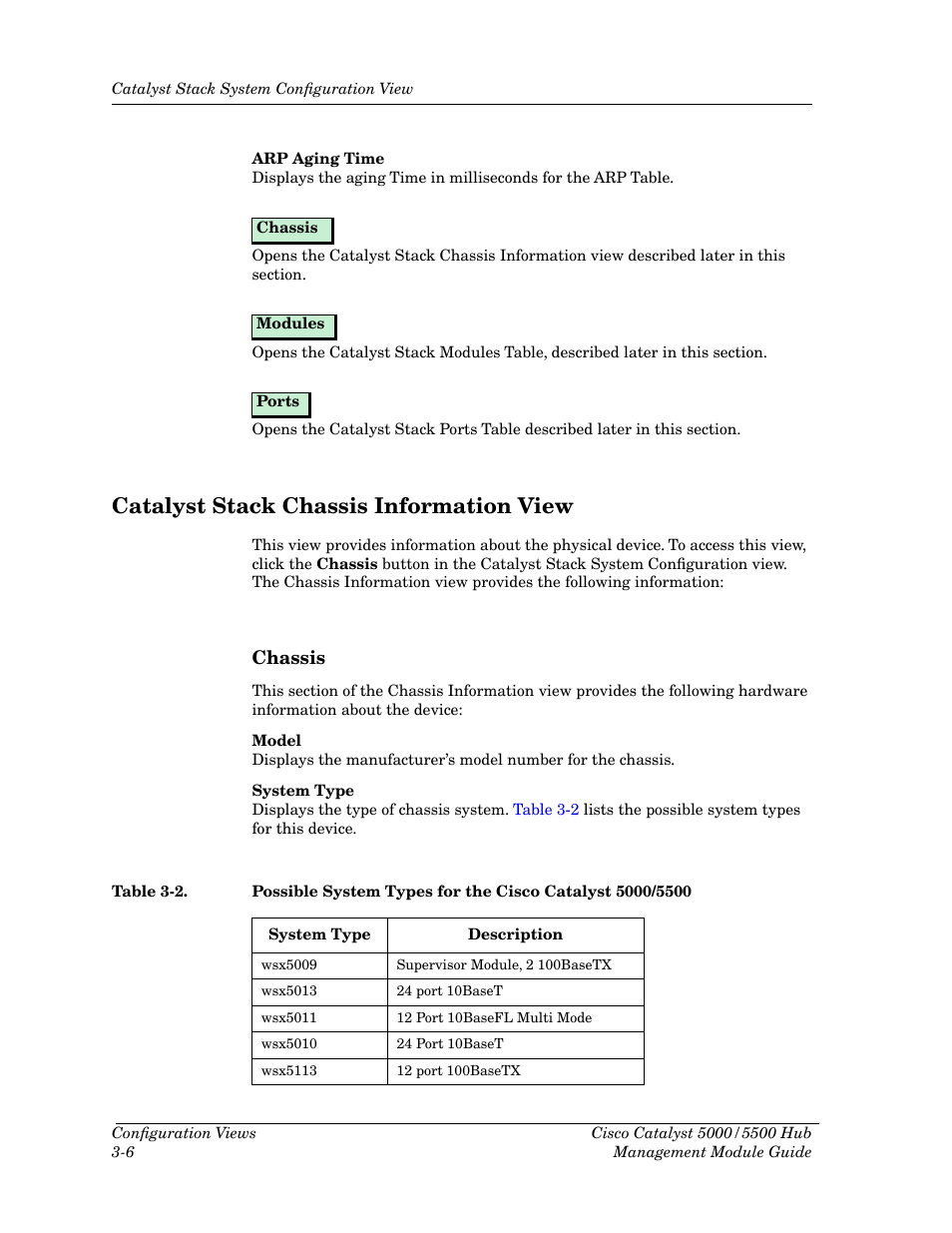 Catalyst stack chassis information view, Chassis, Catalyst stack chassis information view -6 | Chassis -6, Table 3-2 | Cabletron Systems 5500 User Manual | Page 45 / 83