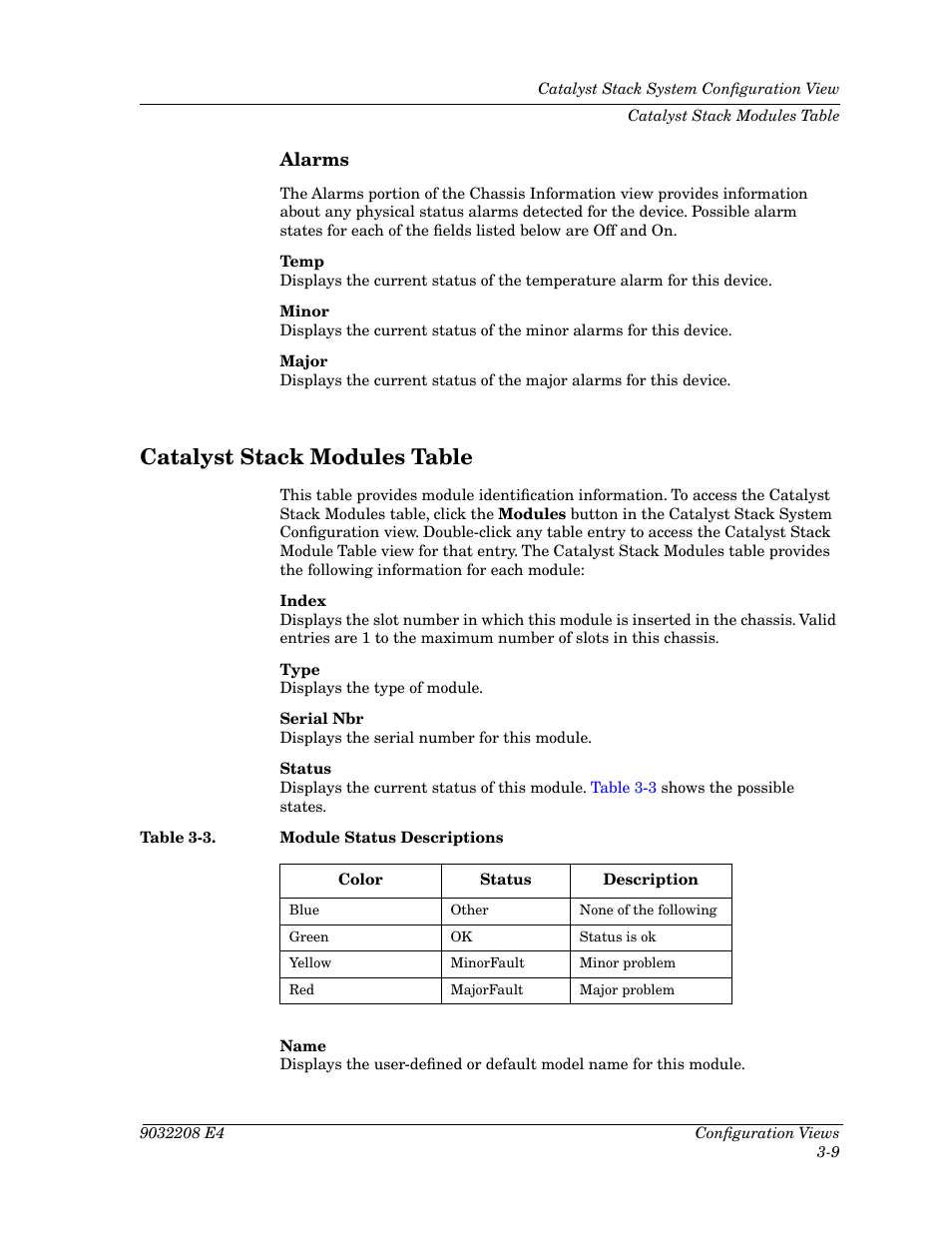 Alarms, Catalyst stack modules table, Alarms -9 | Catalyst stack modules table -9, Table 3-3, Module status descriptions -9 | Cabletron Systems 5500 User Manual | Page 48 / 83