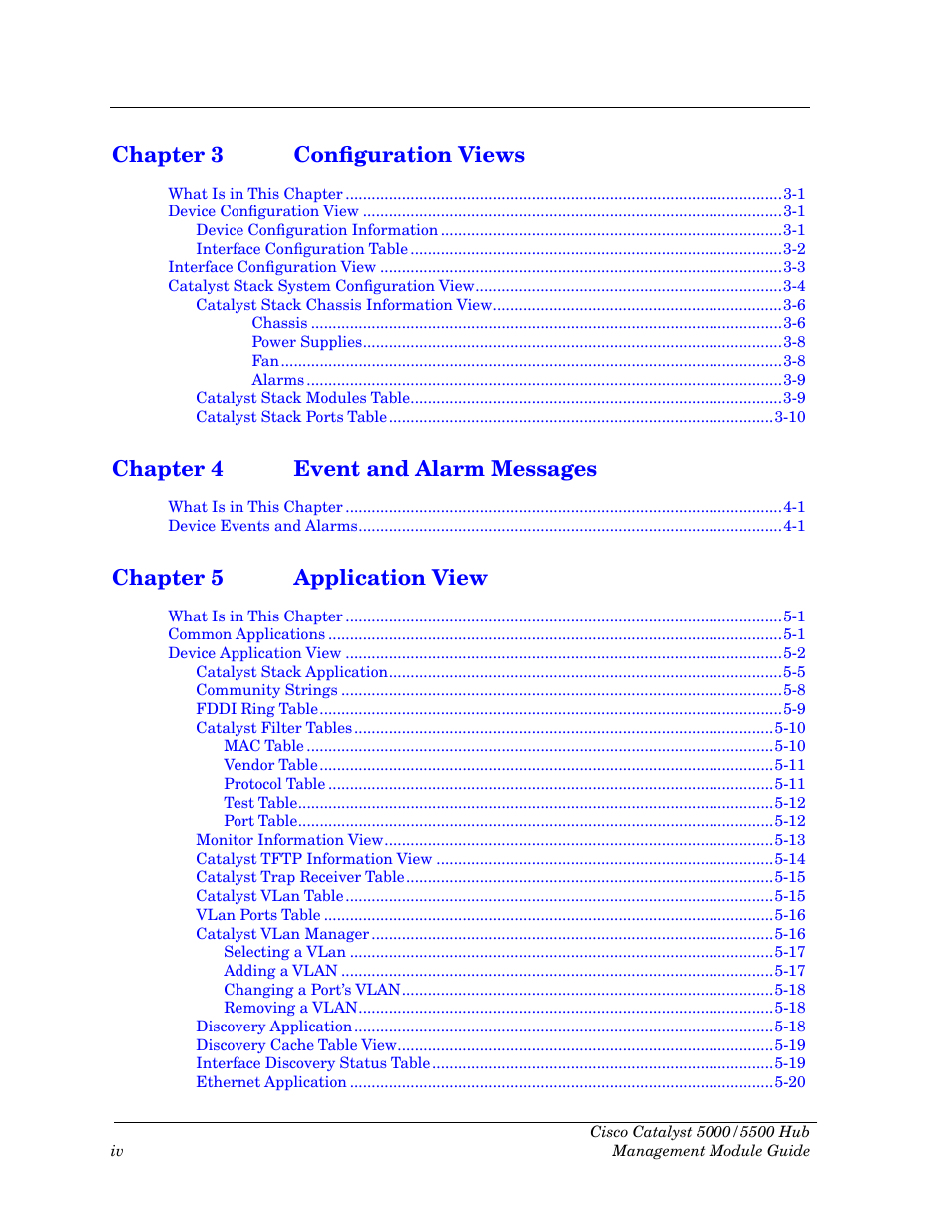 Chapter 3 conþguration views, Chapter 4 event and alarm messages, Chapter 5 application view | Cabletron Systems 5500 User Manual | Page 5 / 83