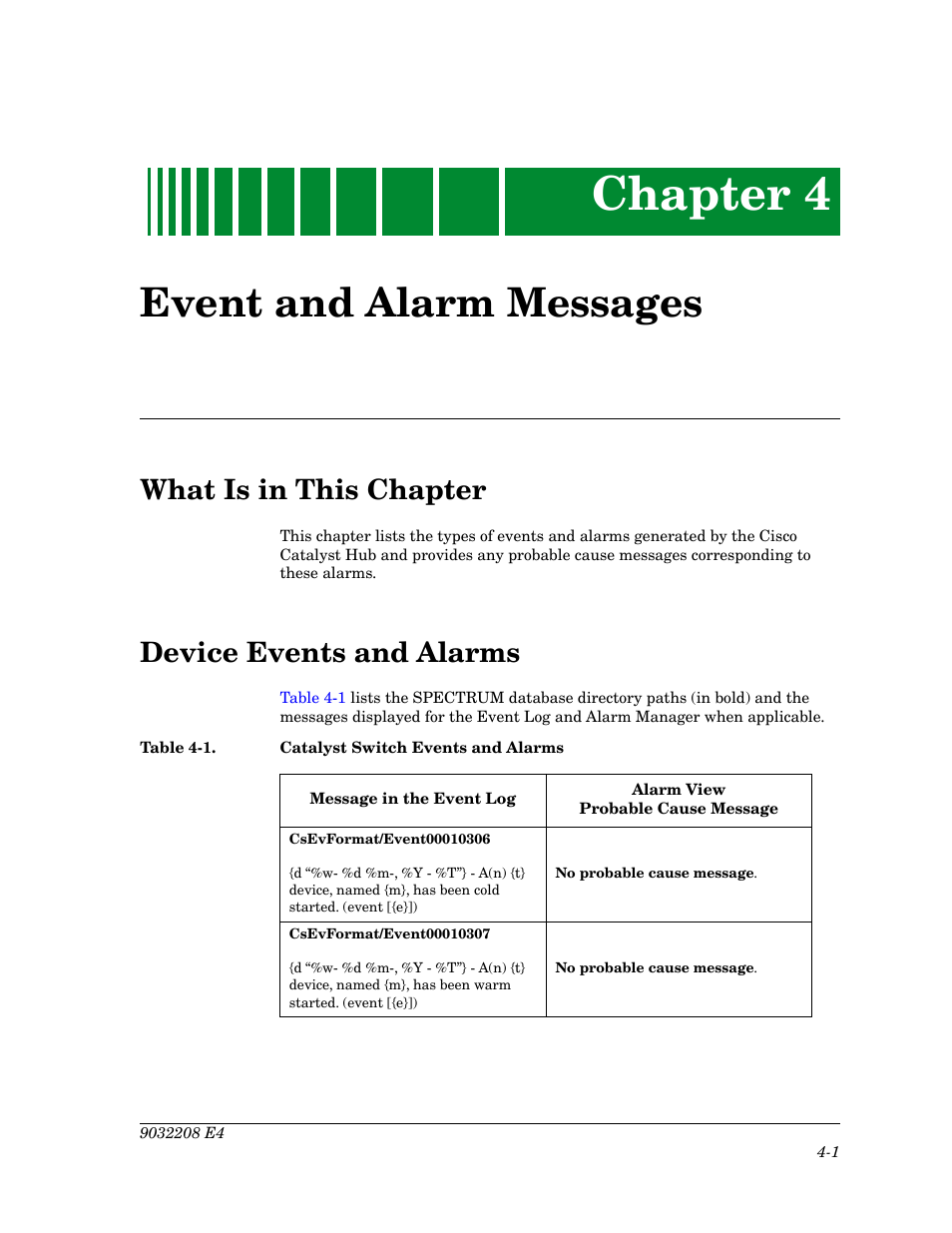 Event and alarm messages, What is in this chapter, Device events and alarms | Chapter 4, Table 4-1, Catalyst switch events and alarms -1 | Cabletron Systems 5500 User Manual | Page 52 / 83