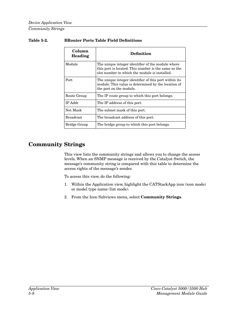 Community strings, Community strings -8, Table 5-2 | Brouter ports table field definitions -8 | Cabletron Systems 5500 User Manual | Page 65 / 83