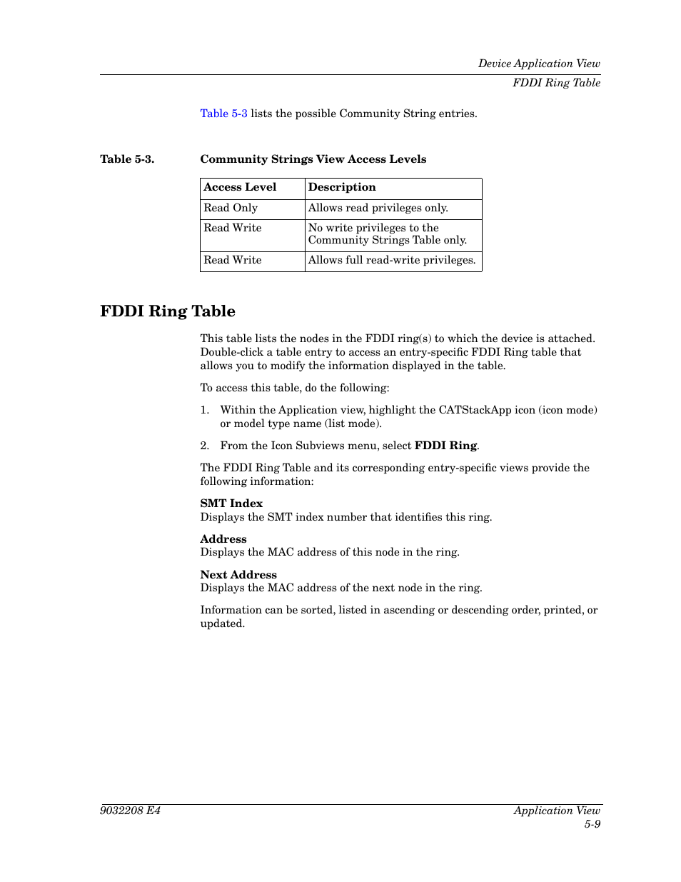 Fddi ring table, Fddi ring table -9, Table 5-3 | Community strings view access levels -9 | Cabletron Systems 5500 User Manual | Page 66 / 83