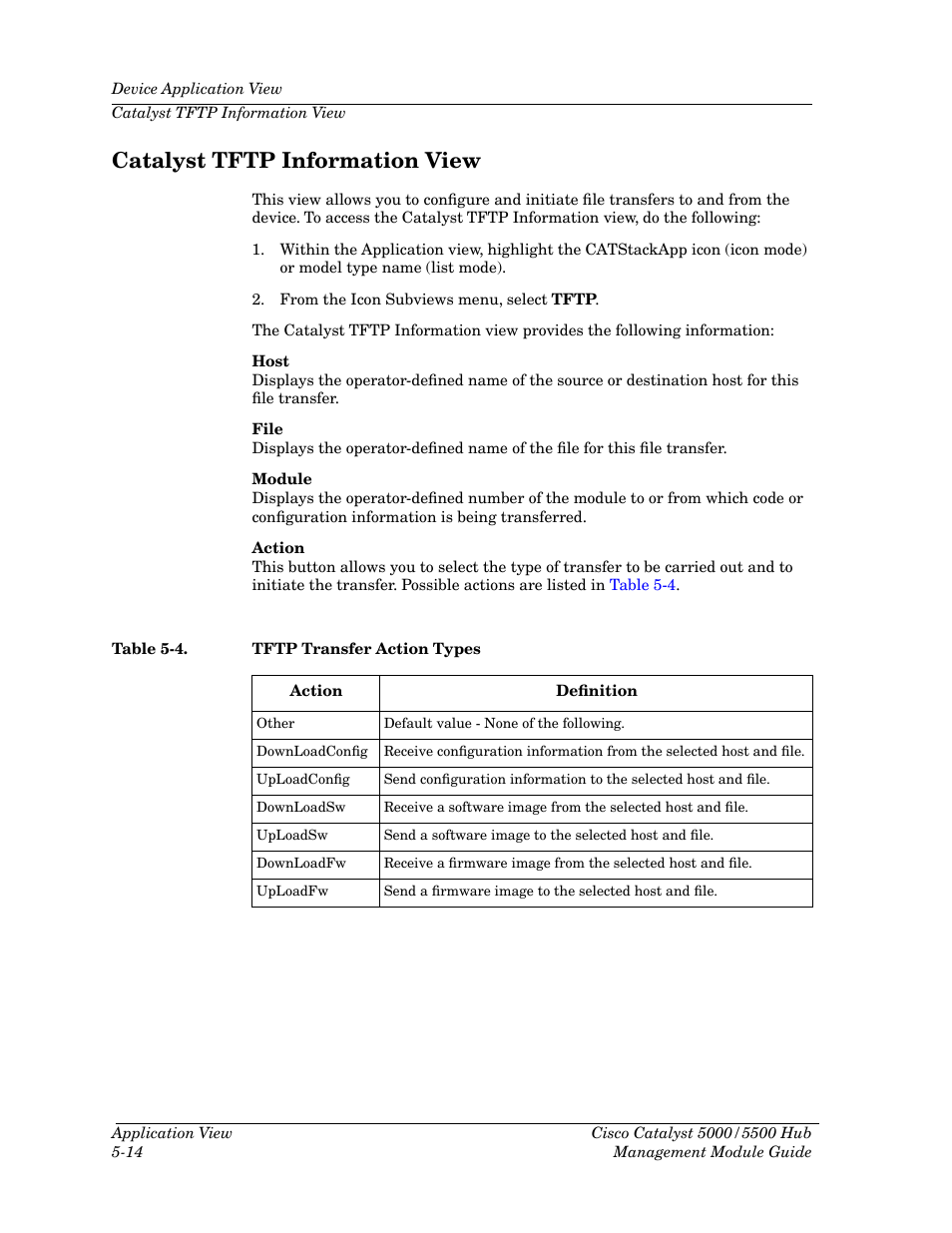 Catalyst tftp information view, Catalyst tftp information view -14, Table 5-4 | Tftp transfer action types -14 | Cabletron Systems 5500 User Manual | Page 71 / 83