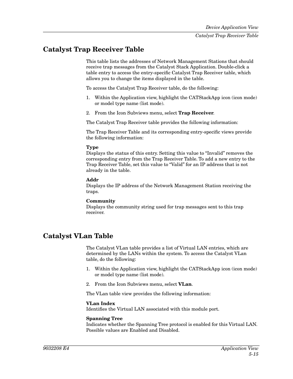 Catalyst trap receiver table, Catalyst vlan table | Cabletron Systems 5500 User Manual | Page 72 / 83