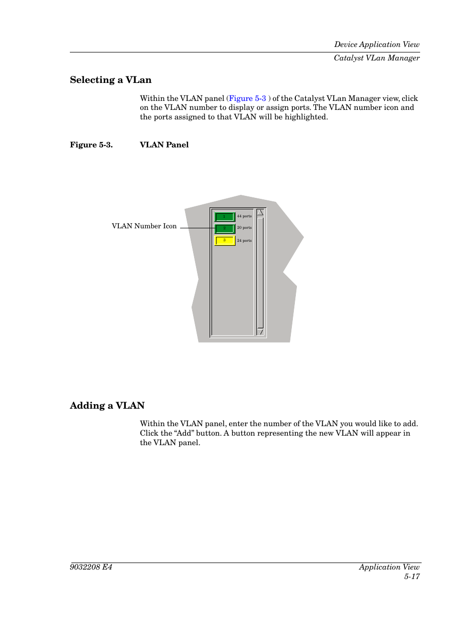 Selecting a vlan, Adding a vlan, Selecting a vlan -17 adding a vlan -17 | Figure 5-3, Vlan panel -17 | Cabletron Systems 5500 User Manual | Page 74 / 83