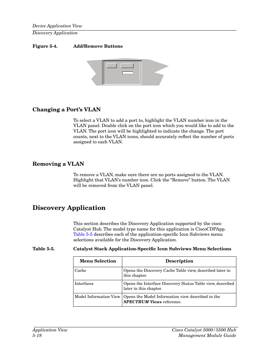 Changing a port’s vlan, Removing a vlan, Discovery application | Changing a portõs vlan -18 removing a vlan -18, Discovery application -18, Figure 5-4, Add/remove buttons -18, Table 5-5, Ciscocdp, Changing a portõs vlan | Cabletron Systems 5500 User Manual | Page 75 / 83