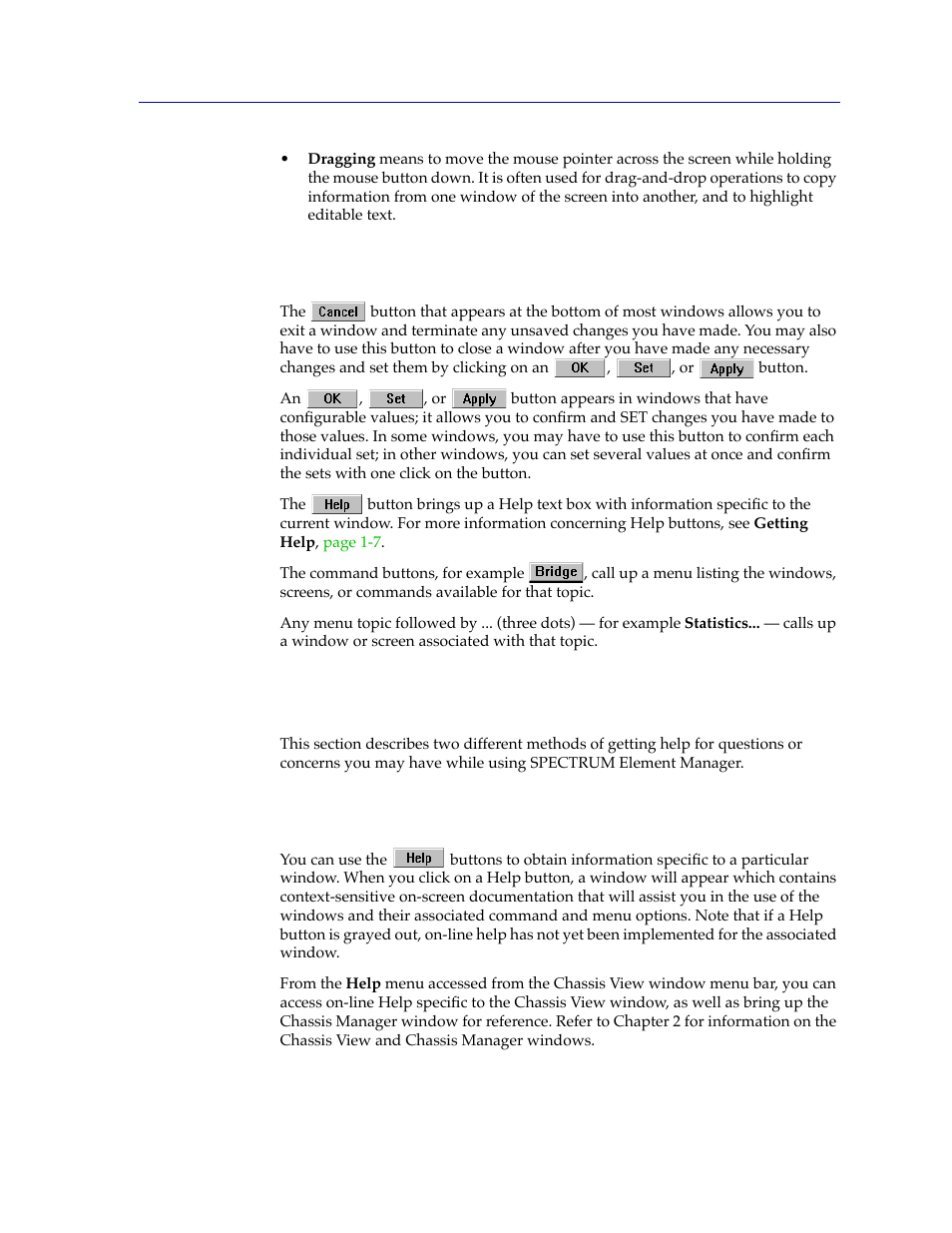 Using window buttons, Getting help, Using on-line help | Using window buttons -7, Getting help -7, Using on-line help -7 | Cabletron Systems Lancast Media Converter 7000 User Manual | Page 15 / 108