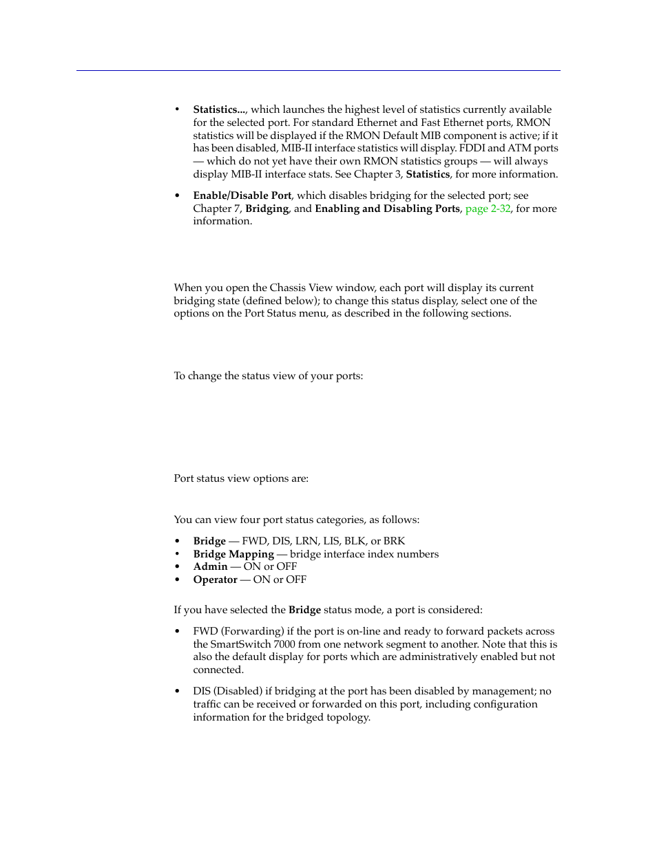 Port status displays, Selecting a port status view, Port status displays -10 | Selecting a port status view -10 | Cabletron Systems Lancast Media Converter 7000 User Manual | Page 26 / 108