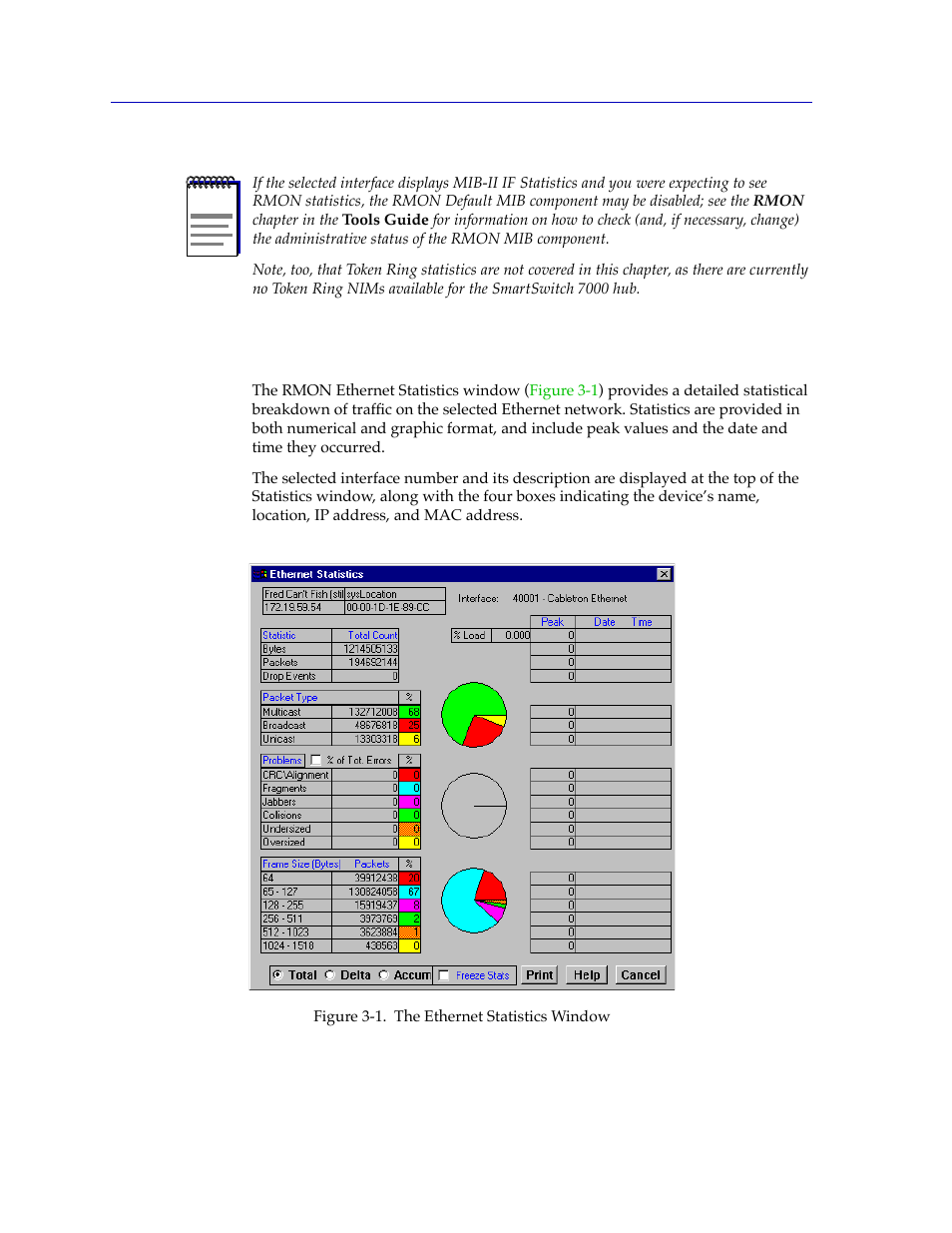 Rmon statistics, Rmon statistics -2, The rmon statistics | Figure 3-1, Or mib-ii if statistics windo | Cabletron Systems Lancast Media Converter 7000 User Manual | Page 50 / 108