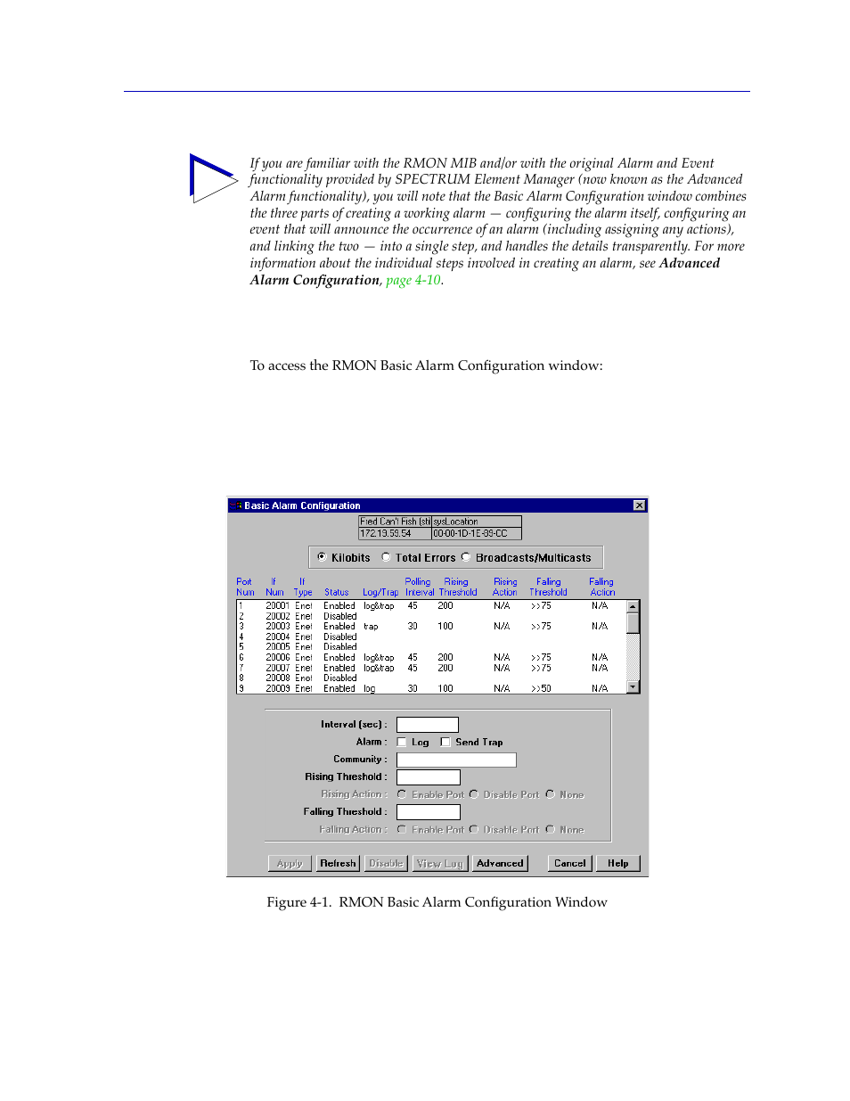 Accessing the basic alarm configuration window, Accessing the basic alarm conþguration window -3 | Cabletron Systems Lancast Media Converter 7000 User Manual | Page 61 / 108