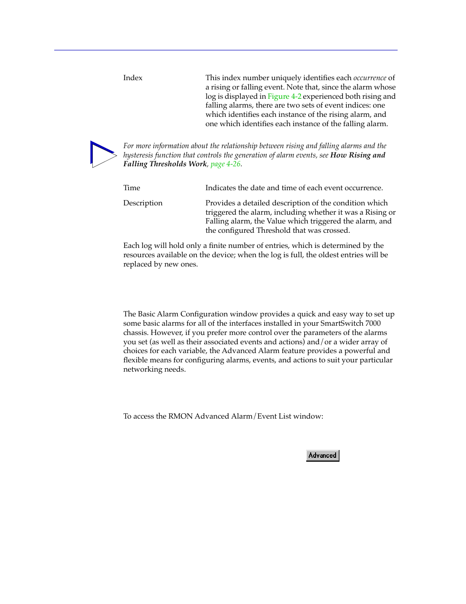 Advanced alarm configuration, Accessing the rmon advanced alarm/event list, Advanced alarm conþguration -10 | Accessing the rmon advanced alarm/event list -10 | Cabletron Systems Lancast Media Converter 7000 User Manual | Page 68 / 108