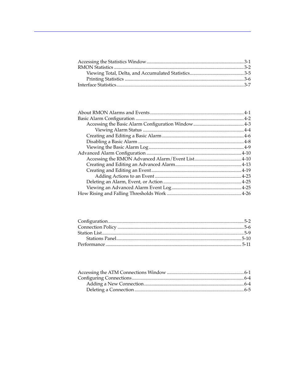 Chapter 3 statistics, Chapter 4 alarm configuration, Chapter 5 fddi management | Chapter 6 atm configuration, Index | Cabletron Systems Lancast Media Converter 7000 User Manual | Page 8 / 108