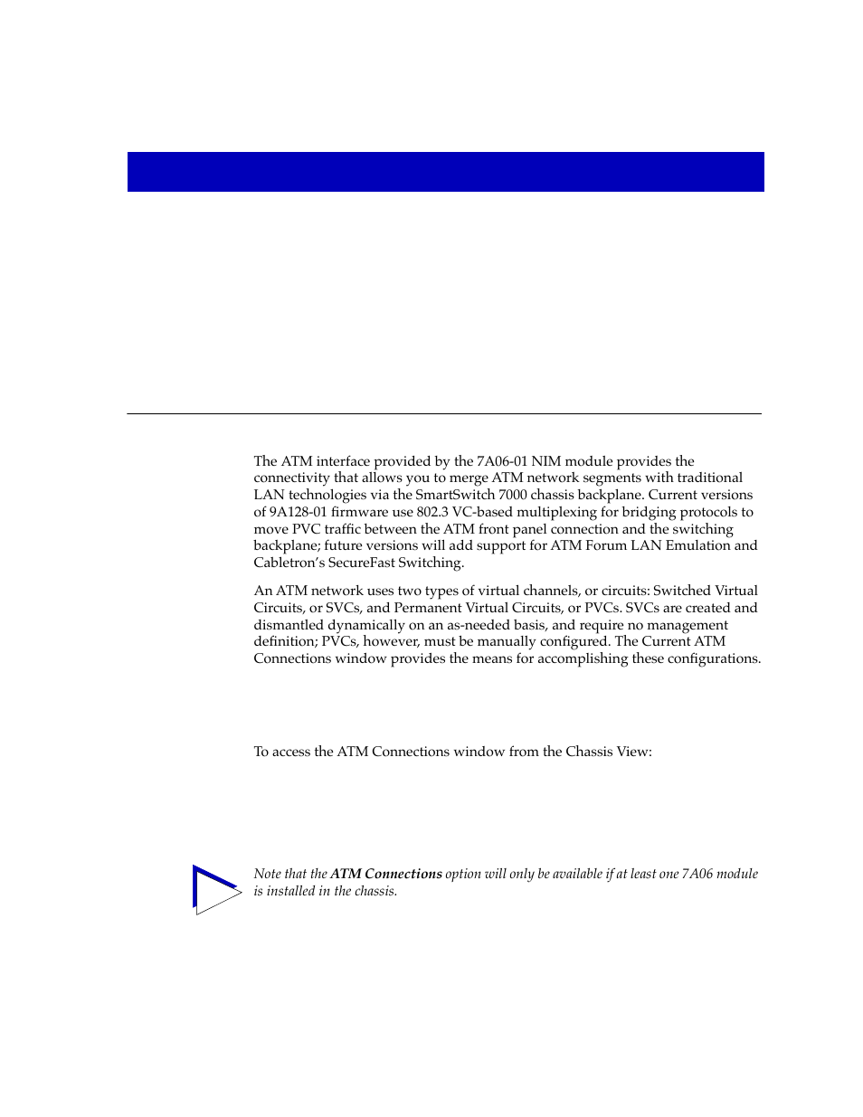 Atm configuration, Accessing the atm connections window, Chapter 6 | Accessing the atm connections window -1 | Cabletron Systems Lancast Media Converter 7000 User Manual | Page 99 / 108