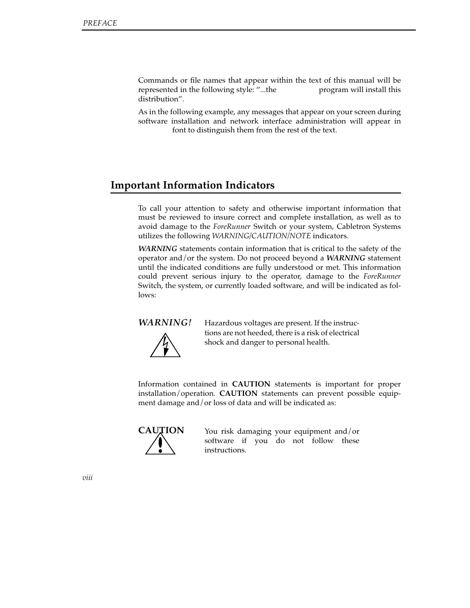 Important information indicators | Cabletron Systems SFCS-200BX User Manual | Page 10 / 180