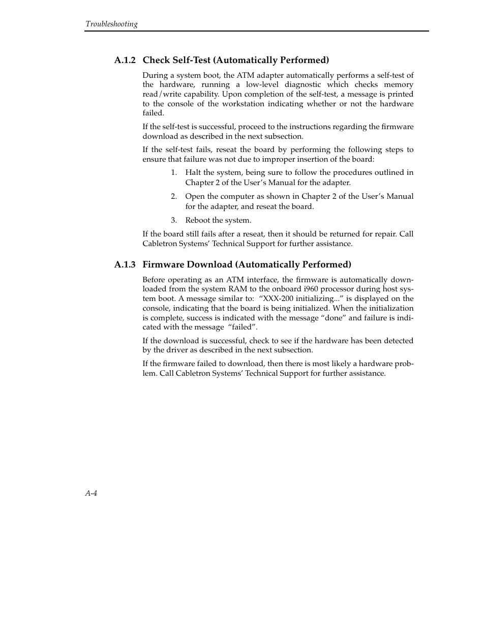 A.1.2 check self-test (automatically performed), A.1.3 firmware download (automatically performed) | Cabletron Systems SFCS-200BX User Manual | Page 100 / 180