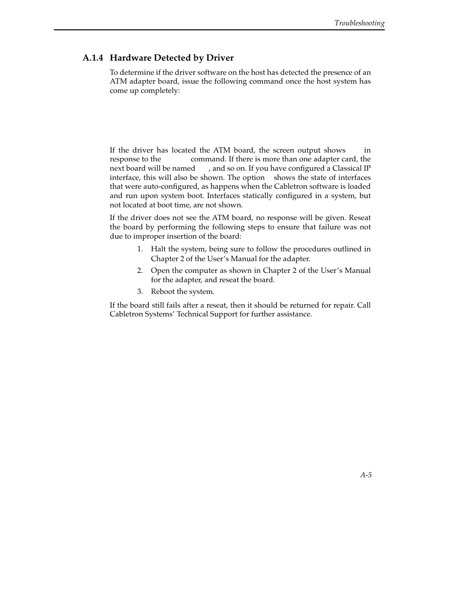 A.1.4 hardware detected by driver | Cabletron Systems SFCS-200BX User Manual | Page 101 / 180
