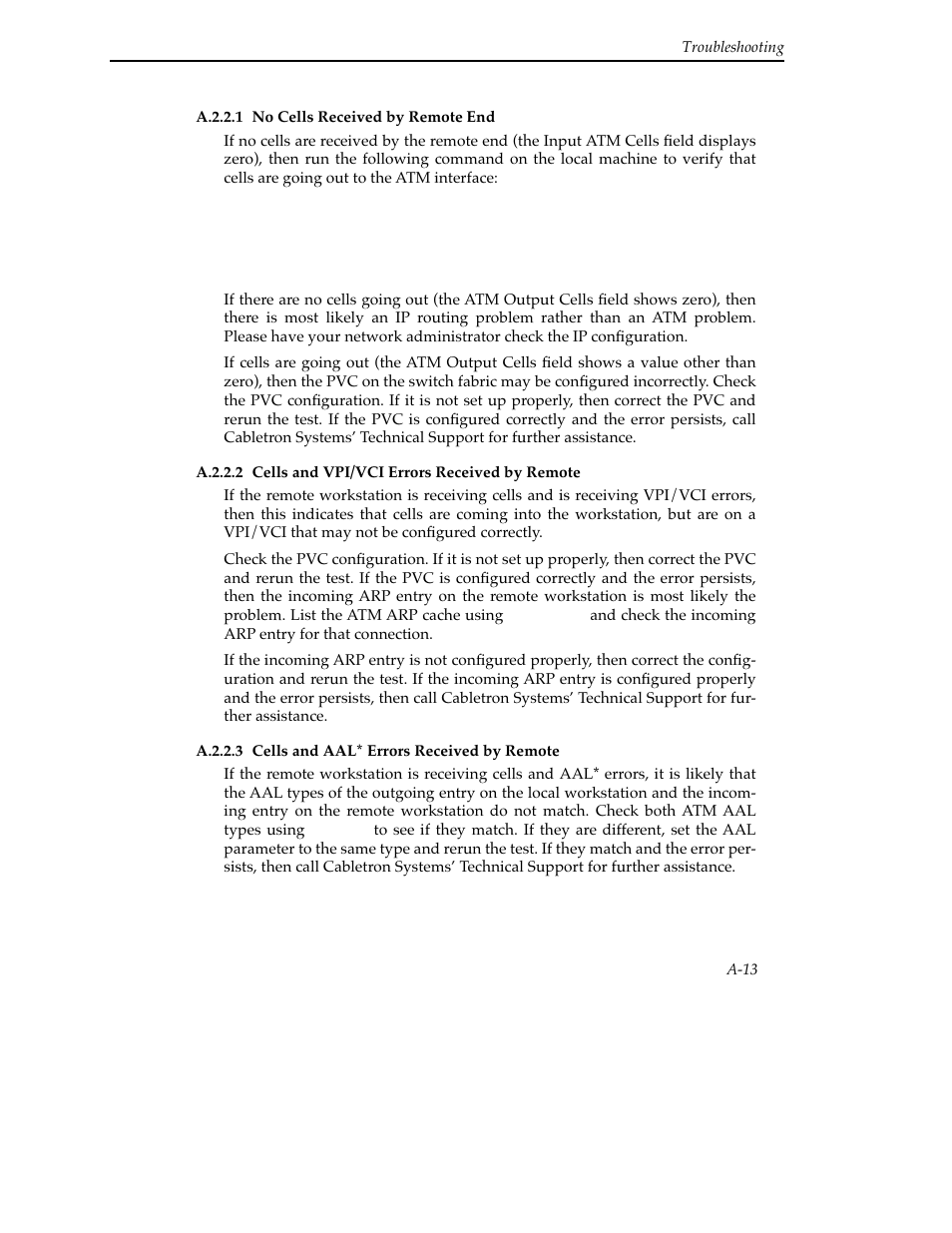 A.2.2.1 no cells received by remote end, A.2.2.2 cells and vpi/vci errors received by remot, A.2.2.3 cells and aal* errors received by remote | Cabletron Systems SFCS-200BX User Manual | Page 109 / 180