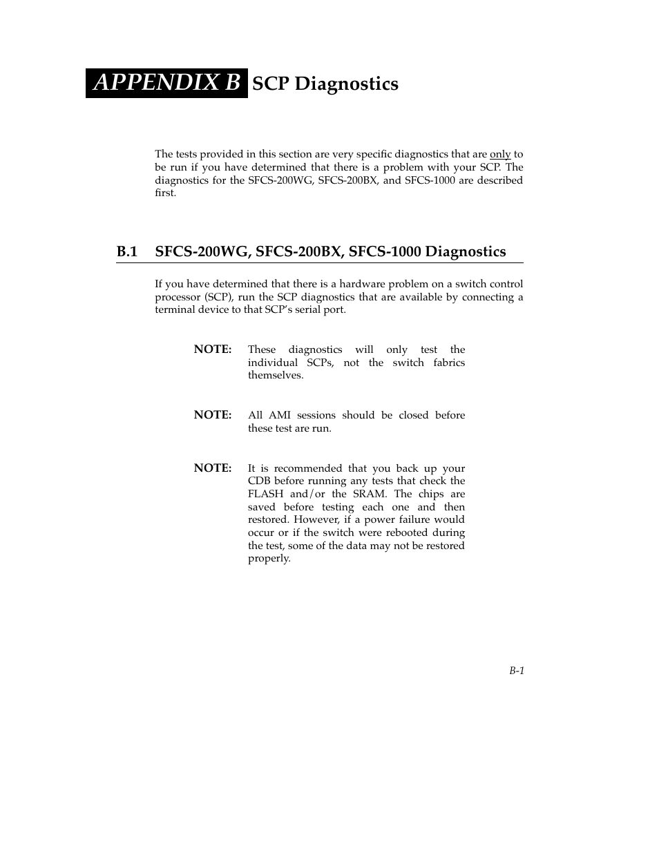 Appendix b, B.1 sfcs-200wg, sfcs-200bx, sfcs-1000 diagnostics, Scp diagnostics | Cabletron Systems SFCS-200BX User Manual | Page 119 / 180