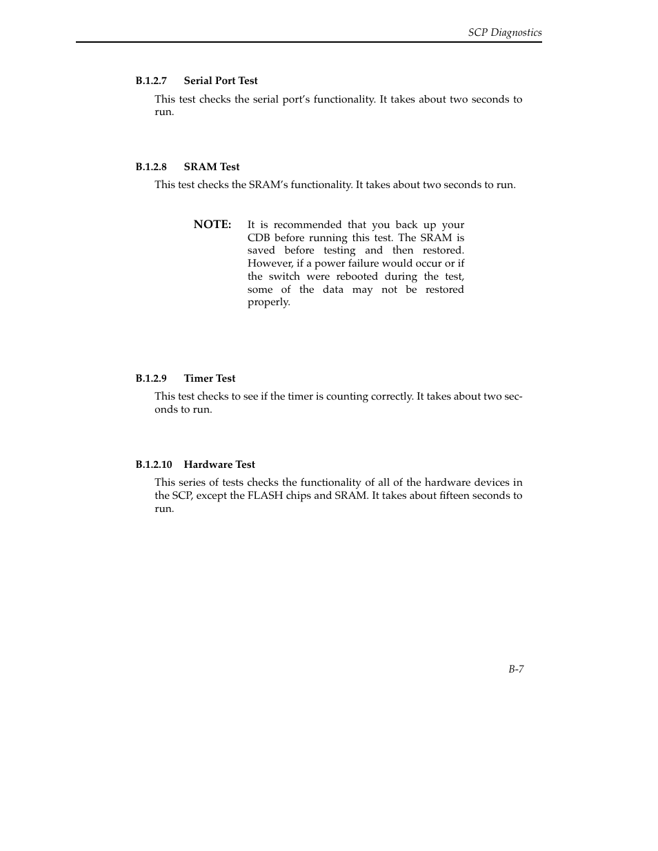 B.1.2.7 serial port test, B.1.2.8 sram test, B.1.2.9 timer test | B.1.2.10 hardware test | Cabletron Systems SFCS-200BX User Manual | Page 125 / 180