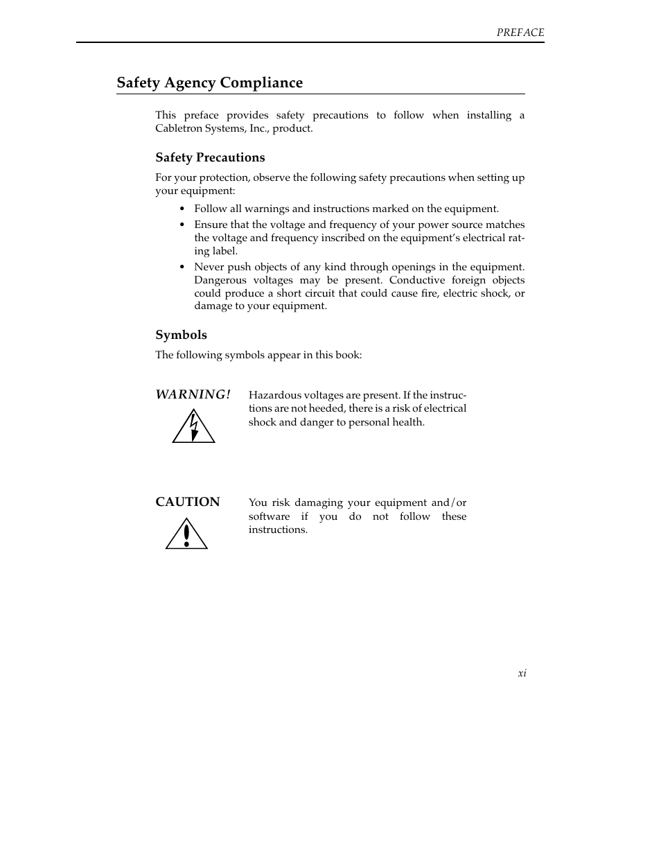 Safety agency compliance, Safety precautions, Symbols | Cabletron Systems SFCS-200BX User Manual | Page 13 / 180