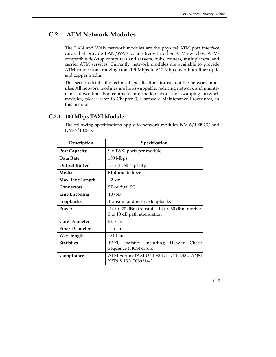 C.2 atm network modules, C.2.1 100 mbps taxi module | Cabletron Systems SFCS-200BX User Manual | Page 131 / 180