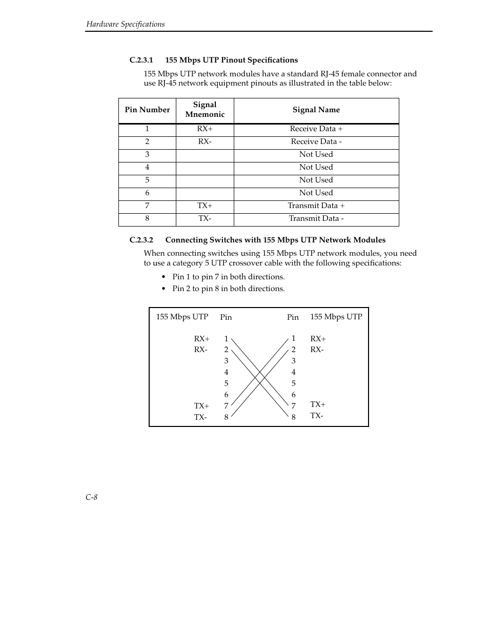 C.2.3.1 155 mbps utp pinout specifications, C.2.3.2 connecting switches with 155 mbps utp netw | Cabletron Systems SFCS-200BX User Manual | Page 134 / 180