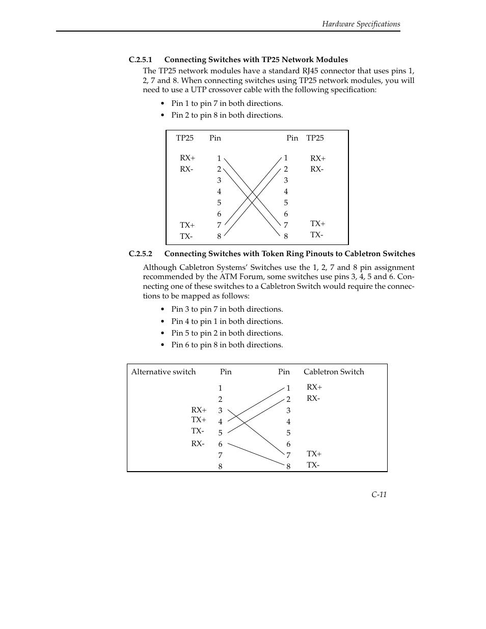 C.2.5.1 connecting switches with tp25 network modu, C.2.5.2 connecting switches with token ring pinout | Cabletron Systems SFCS-200BX User Manual | Page 137 / 180